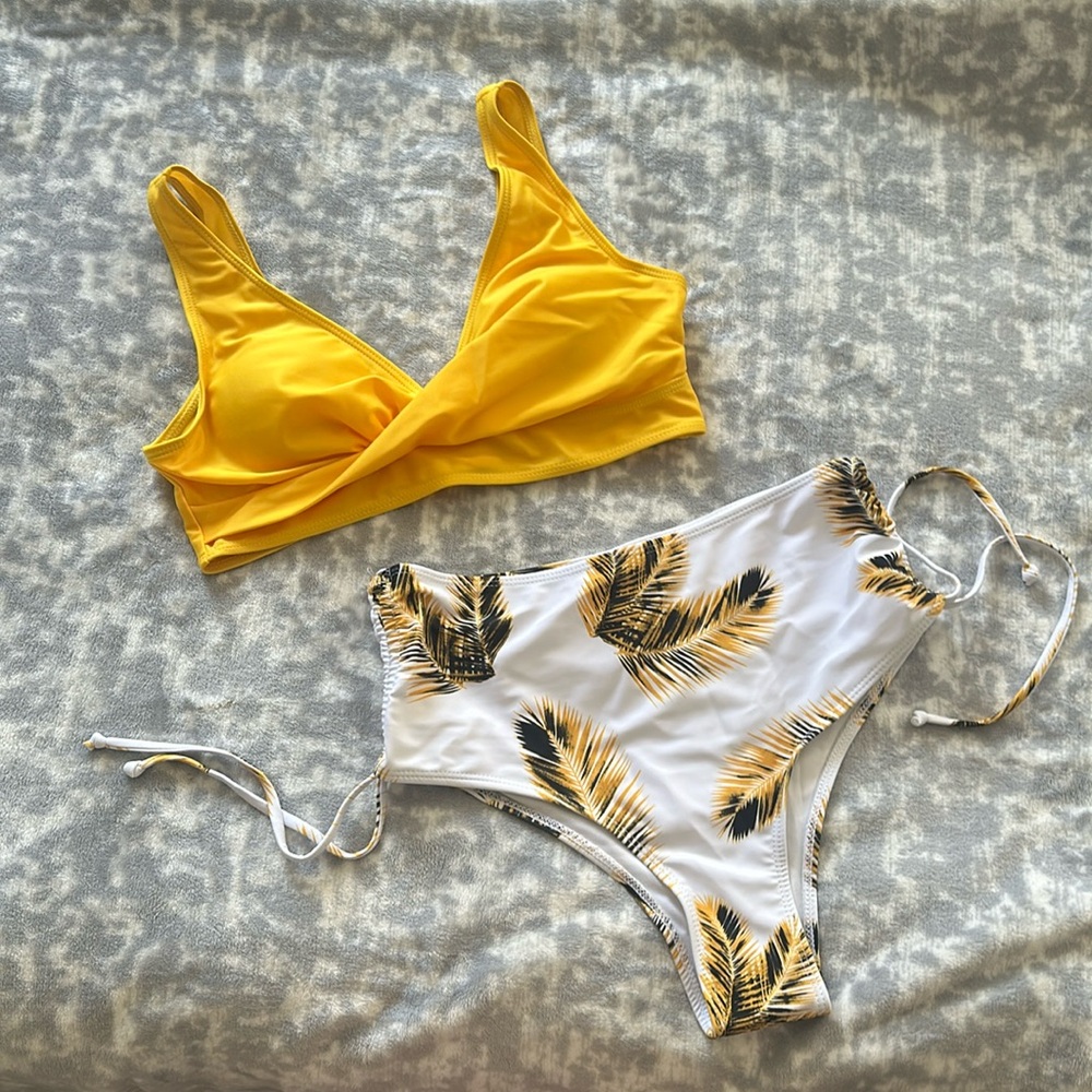 Yellow Leaf Print Bathing Suit With Draw Strings